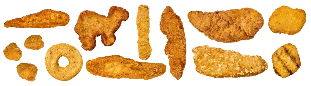 A collage of chicken nuggets and tenders on a white background