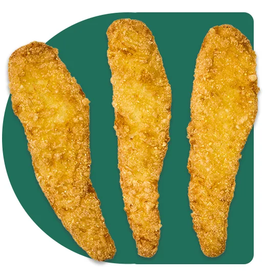 Three gluten free breaded chicken strips on a blue background