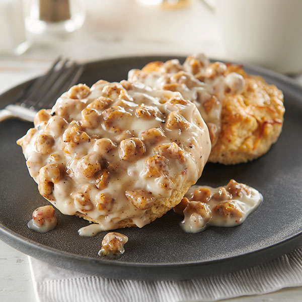 Biscuits and Chicken Sausage Gravy on a plate