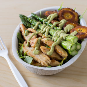 Bowl with Sliced Chicken, Roasted Plantain, and Asparagus