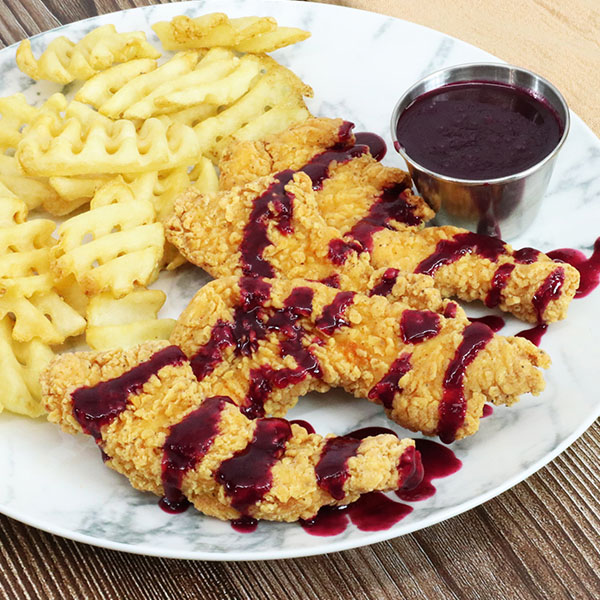Chicken tenders topped with a habanero-serrano blueberry sauce drizzle