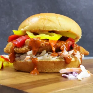 A breaded chicken sandwich with peppers and coleslaw