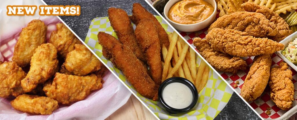 A basket of wings, a basket of Buffalo-style tenders, and a tray of Barrel Breaded tenders