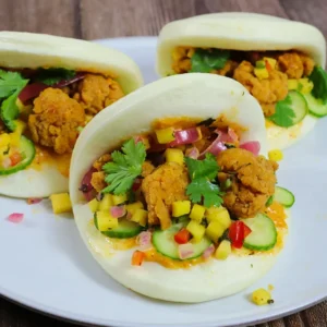 Three bao buns filled with popcorn chicken, lettuce, corn, cilantro, and sauce
