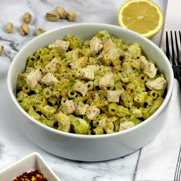 Pistachio pesto pasta with ditalini noodles and diced chicken