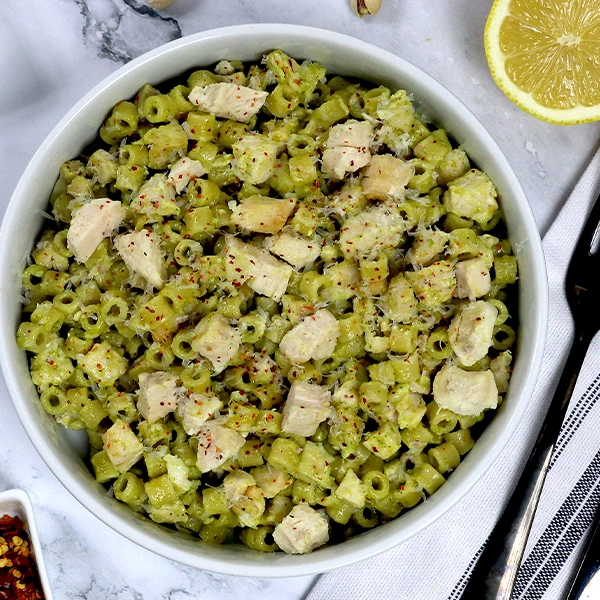Pistachio pesto pasta with ditalini noodles and diced chicken