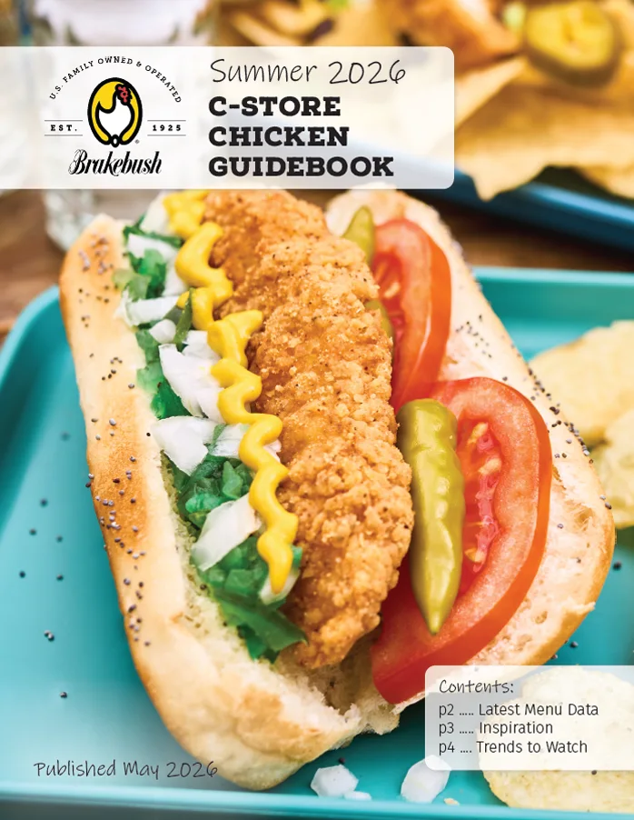 Summer 2026 C-Store Guidebook Cover with a Chicago Chicken Dog on a tray with chips
