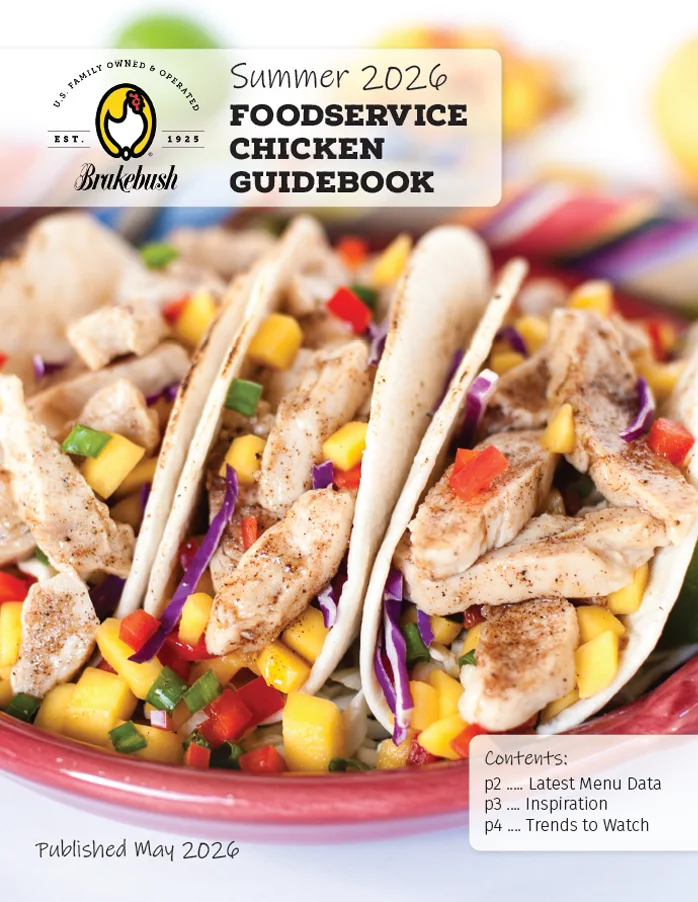 Summer 2026 Chicken Guidebook cover with fruit and chicken tacos on a plate