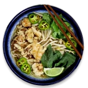 Flame-Seared Pulled Chicken in a noodle bowl