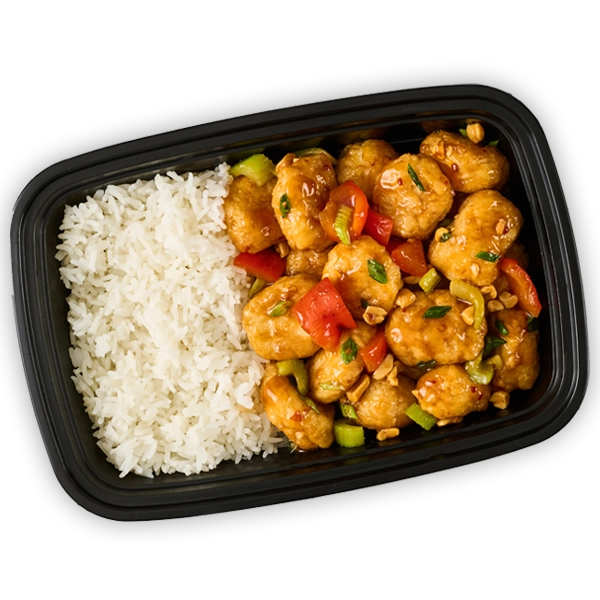 a disposable container filled with kung pao chicken and rice
